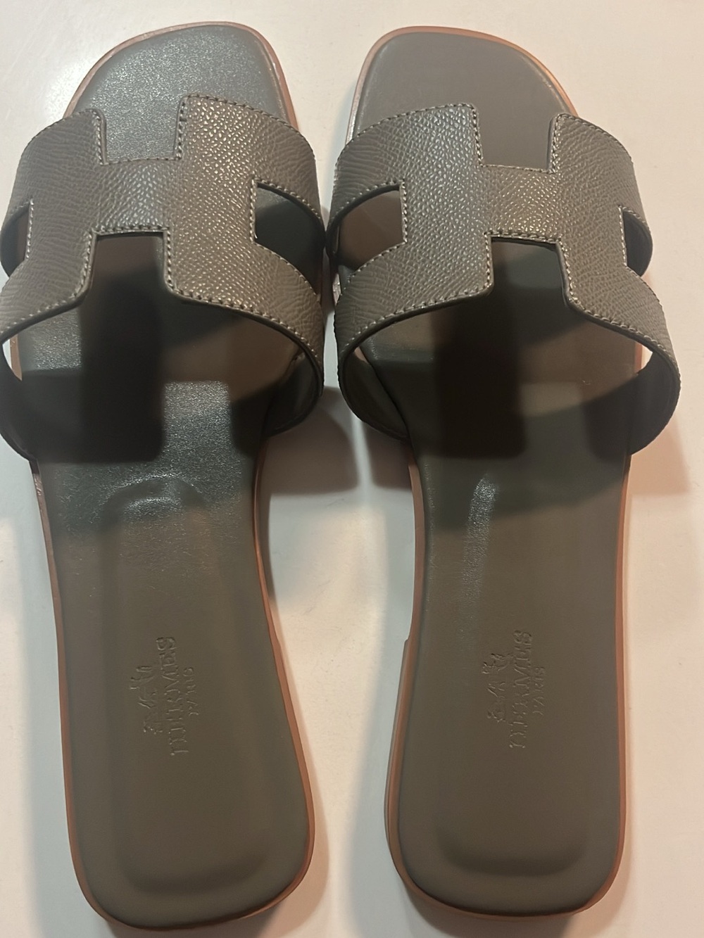 Hermes Olive Gray Textured H-Strap Slide Sandals